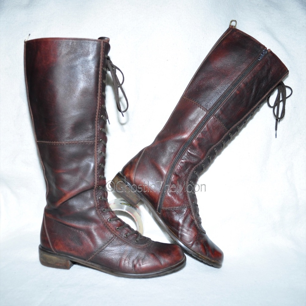 NWOB STUART WEITZMAN Knee High Lace Up Leather Boot Rustic Brown Red sz 10.5